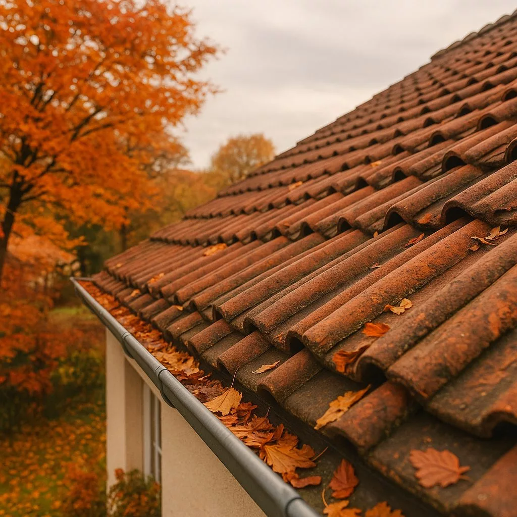 Toit en automne avec feuilles rousses et lumière douce